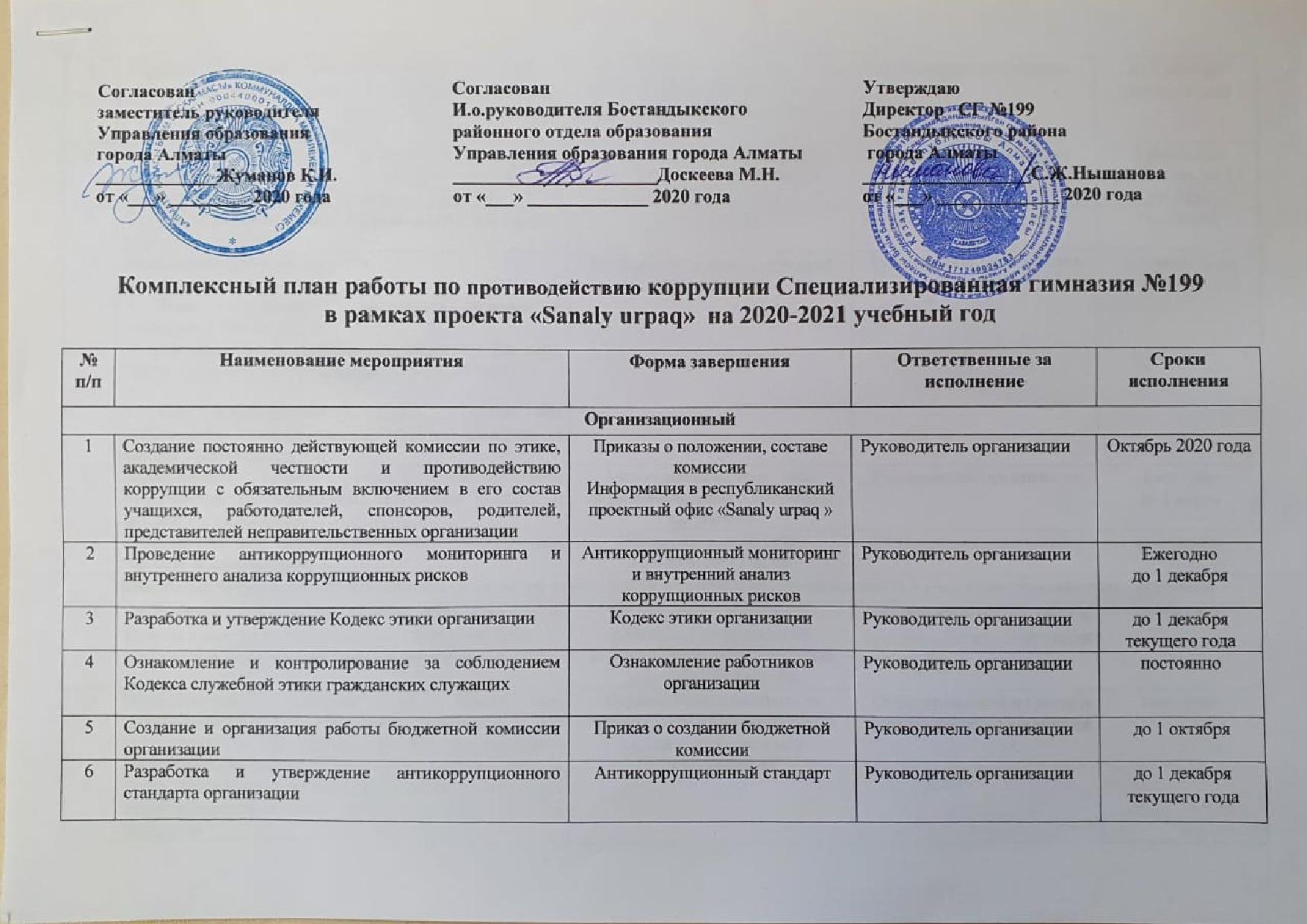 Комплексный план работы в рамках проекта "Sanaly urpaq" на 2020-2021 гг